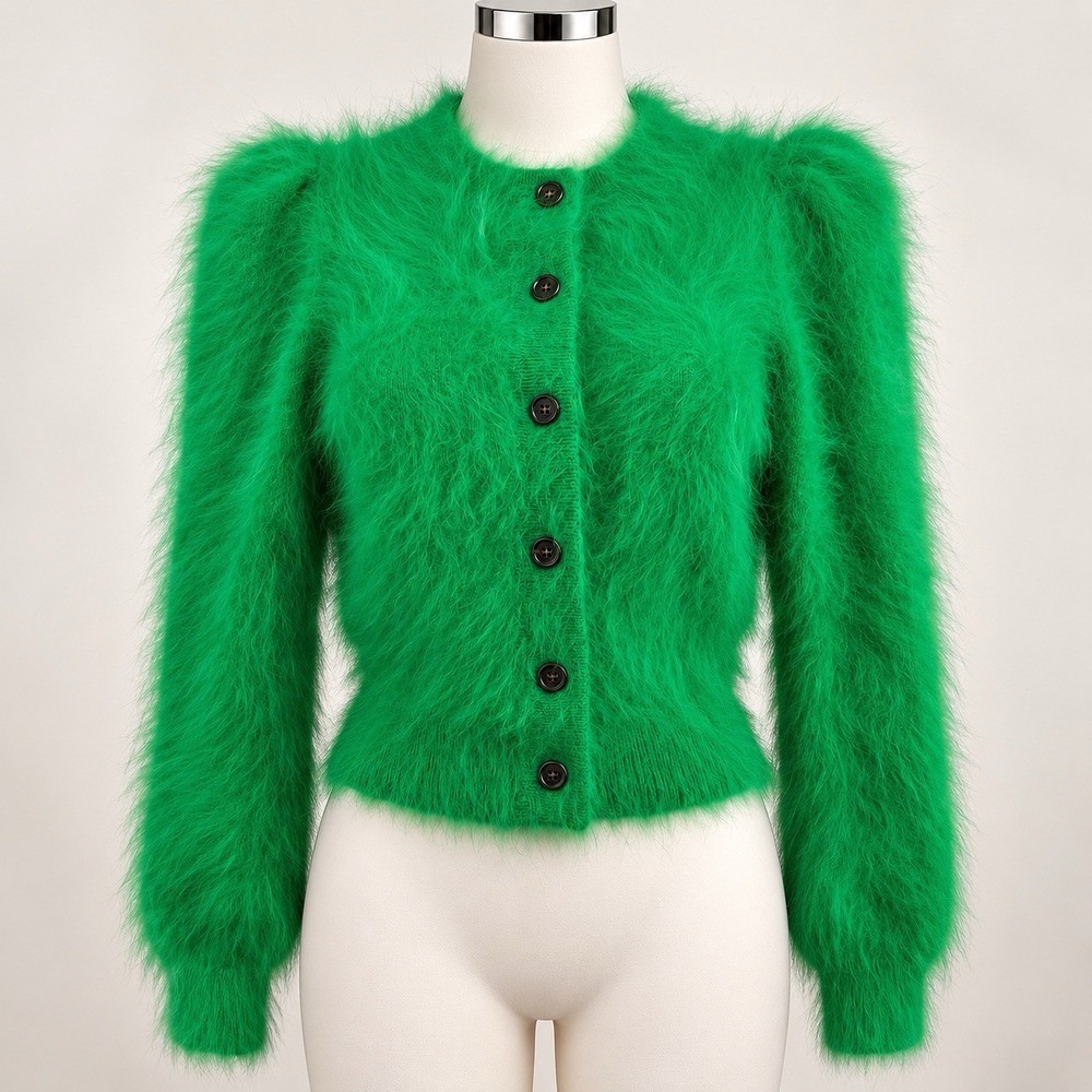 Ulla Johnson Aisha Cardigan Sz S Emerald Green Angora Fuzzy Puff Sleeve Sweater